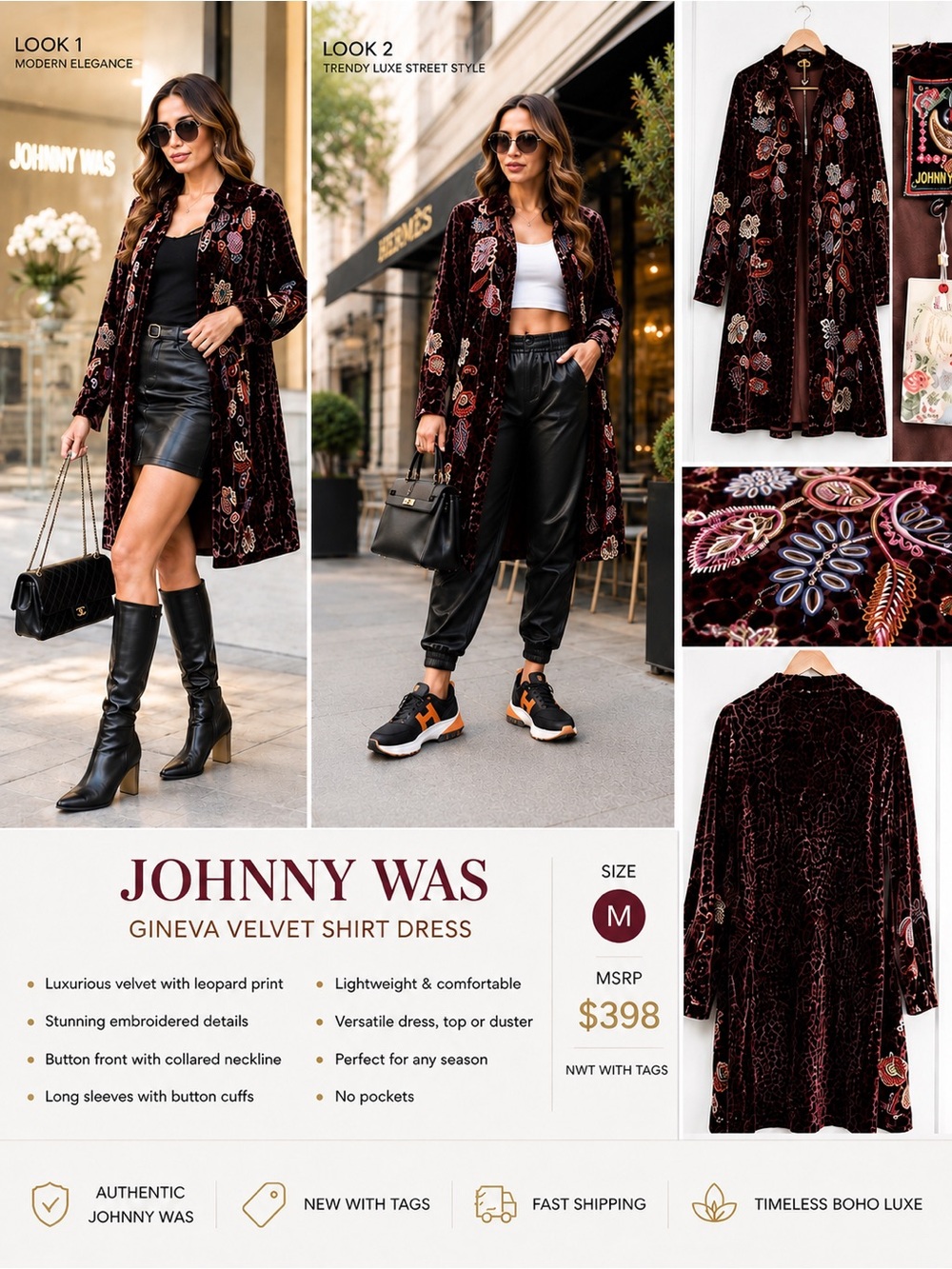 Johnny Was Gineva Velvet Embroidered Leopard Shirt Dress – Size M – NWT